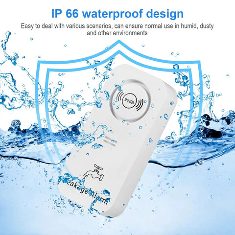 Wireless Water Leak Detectors With 90dB Alarm, white rectangular unit in water splash, emphasizing IP 66 waterproof design