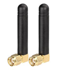 Mini Dual Band WiFi Antenna 2.4GHz 5GHz 5.8GHz MIMO RP-SMA Male Right Angle 2 Pack, black and gold, on white background