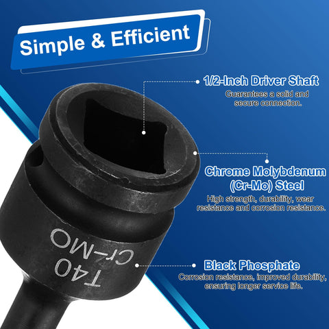 Close-up of T40 1/2-inch drive Torx bit socket made from Cr-Mo steel for power drill drivers, highlighting features like durability.