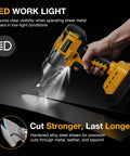 Cordless Metal Shears 20V Max Bare Tool Pro Grade For 14 Gauge Cutting in use with LED light in dark setting