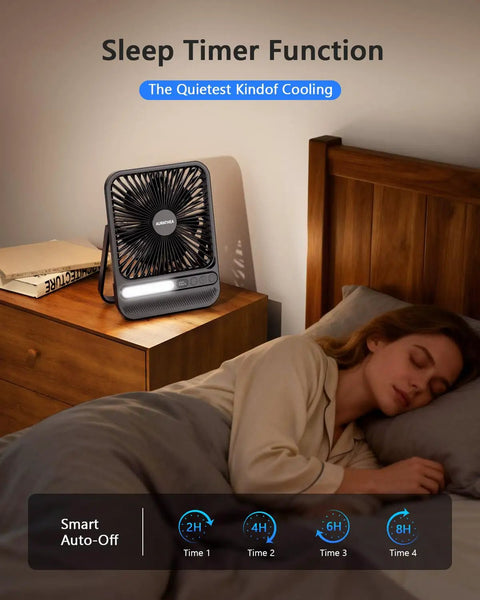 7 Inch Portable Desk Fan With 10000mAh Battery USB Rechargeable LED Light Display And Timer 4 Speed Settings on bedside table