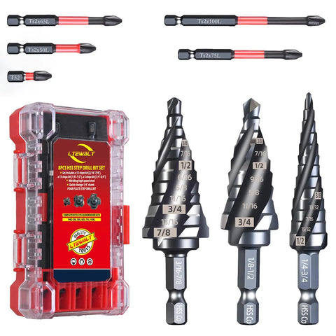 Three Piece M35 Step Drill Bits Set With Five Magnetic Phillips Screwdriver Bits HSS Titanium Coated Pro Grade Durable Four Flute Drill Bits For Stainless Steel Sheet Metal Aluminum Plastic And Wood Includes Storage Box