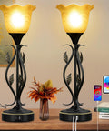 Set Of 2 Rustic Torchiere Bedside Lamps With USB Port, 3 Way Dimmable Touch Table Lamps, Glass Flower Shade With Vine Leaf Design