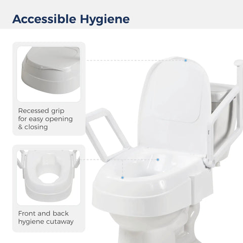 Universal Raised Toilet Seat With Handles For Seniors And Post Surgery Care 3 Height Settings, showing grip details and cutaway view.