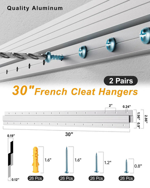 Installation tools and diagram for Beefy Heavy Duty 30 Inch Aluminum French Cleat Set 2 Pairs Interlocking Z Clips Bar Hangers