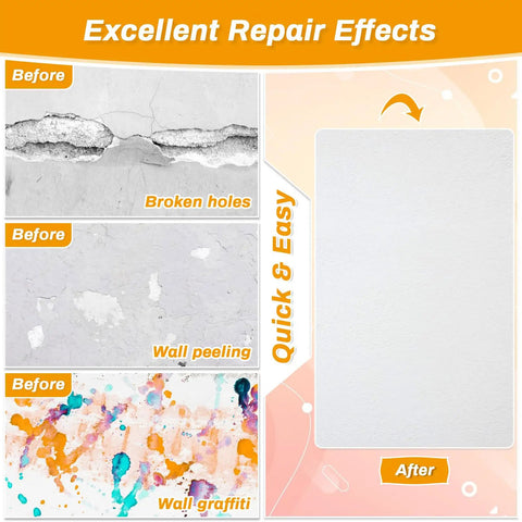 Before and after images of drywall repair showing broken holes, peeling, graffiti, and smooth finish with Drywall Repair Kit With 12 Oz White Putty Filler And Spatula For Patching Holes And Cracks An Easy Foolproof Fix Perfect For Your Walls No Drama Cleanup Fast Dry Formula.
