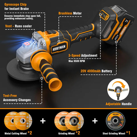 20V Brushless Cordless Flat Head Grinder Kit, Four And A Half Inch To Five Inch, Anti Vibration, Instant Stop Drop Protection
