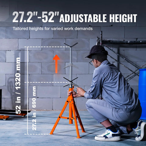 Front view of orange VEVOR pipe stand with 27.2–52 in adjustable height, steel construction.