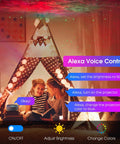 Children enjoying a Smart Star Projector With WiFi Galaxy Light And 16 Million Nebula Effects, App Control And Alexa Voice in a cozy tent.