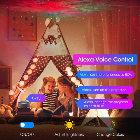 Children enjoying a Smart Star Projector With WiFi Galaxy Light And 16 Million Nebula Effects, App Control And Alexa Voice in a cozy tent.