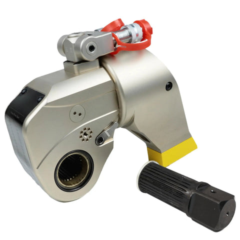 Pro Grade Hydraulic Torque Wrench With Beefed Up Square Drive And Corrosion Proof Alloy Build For Heavy Duty Bolt Tightening close up view.