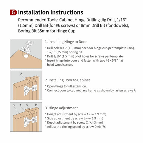 20 Pcs Half Inch Overlay Soft Close Cabinet Hinges With Built In Damper And 4D Adjustment System For Vertical Horizontal Depth And Closing Speed 35mm Cup Diameter And 11.5mm Cup Depth Included Screws For Easy Silent Cabinet Door Closure installation guide