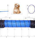 Beginner Dog Agility Kit with jumps, tire jump, weave poles, 10 ft tunnel, and pause box, displayed with a small dog.