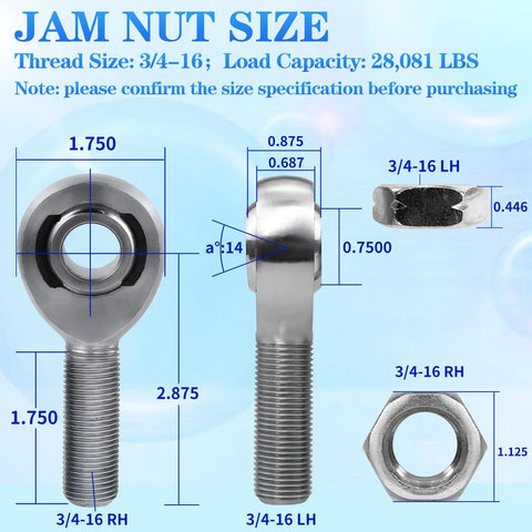 3/4-16 Heim Joint Rod End Set With Right Hand And Left Hand Threads Includes Lock Nut And Bushing, showing RH and LH ends