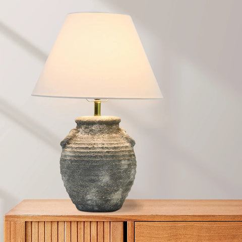 Grey Terracotta Table Lamp With Distressed Sculptural Base And Linen Shade, 23 Inch Tall, Rustic Modern Home Decor on wooden surface
