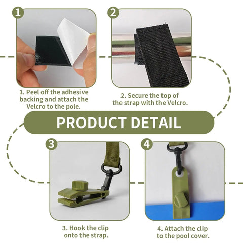Rock Solid Eight Piece Pool Cover Reel Mounting Kit With Heavy Duty Army Green Straps And Slick Clips For Solar Covers and Universal Mobile Reel Systems Featuring Velcro Fasteners Fitting Eight To Sixteen Millimeter Tubes step by step installation guide