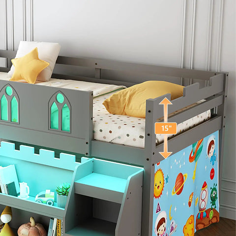 Gray Twin Loft Bed With Built In LED Lights And Remote Control, 4 Storage Shelves, Removable Curtain, 15 Inch Guardrail