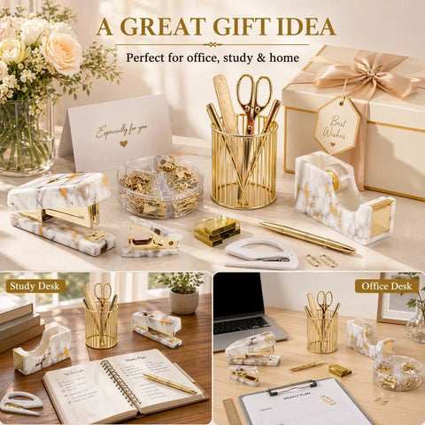 Gold Marble Desk Accessory Set 13-Piece For Women, Cute Aesthetic Office Essentials Kit with stapler, tape dispenser, pen organizer