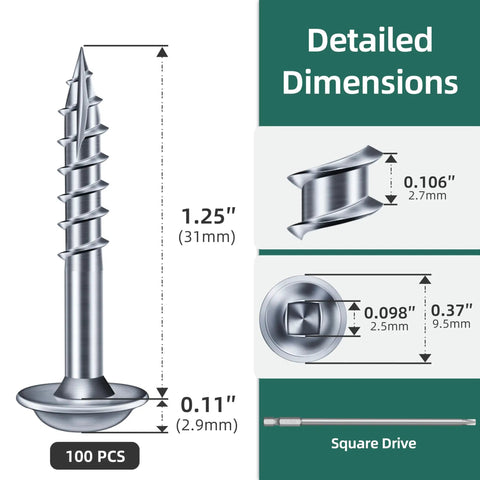 No 8 Pocket Hole Screws One And One Quarter Inch Pack Of 100 Self Tapping Square Drive Wood Screws With Drill Bit, dimensions