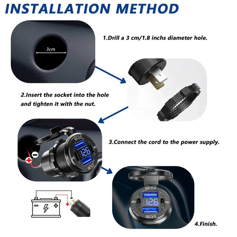 Installation method for Dual PD USB C And Quick Charge 3.0 Car Charger Socket with clear steps and visuals.