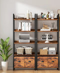 Badass Heavy Duty Five Tier Bookshelf With Deep Storage Drawers, Tall Industrial Wood Metal Display Rack, Rustic Brown Finish in a modern room setting.