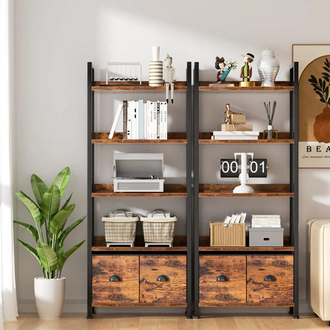 Badass Heavy Duty Five Tier Bookshelf With Deep Storage Drawers, Tall Industrial Wood Metal Display Rack, Rustic Brown Finish in a modern room setting.