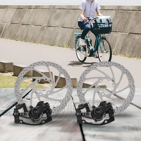 Heavy Duty Mechanical Disc Brake Pair For Ebikes And Folding Bikes Featuring 160mm Front Rear Aluminum Rotors on wooden surface.