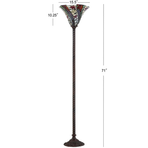 71-Inch Bronze Tiffany-Style Torchiere Floor Lamp With Dope Handcrafted Stained Glass Shade Featuring Floral Motif Classic Art Nouveau Iron Standing Lamp LED Bulb Included, detailed view