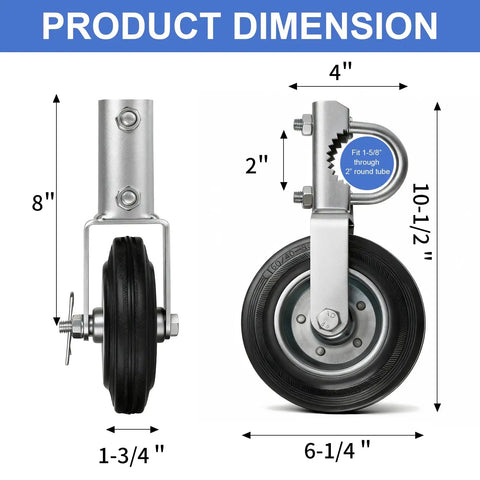 Heavy Duty Gate Wheel For Metal Swing Gate Smooth Rolling Lift With Lock On Non Slip Grip And Built Like A Tank Serrated Mount For Round Pipe Frames In 2 Pack Silver dimensions showing 8x4x2 inches.