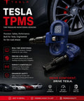 Wireless Bluetooth TPMS Tire Pressure Monitor Compatible With Tesla Vehicles Featuring Dead On Readings And Instant Low PSI Alerts displayed with tire sensors and Tesla logo.