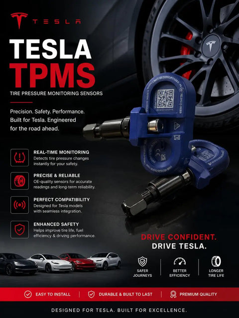 Wireless Bluetooth TPMS Tire Pressure Monitor Compatible With Tesla Vehicles Featuring Dead On Readings And Instant Low PSI Alerts displayed with tire sensors and Tesla logo.