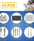Cutting Wheel Kit For Dremel Rotary Tool, 44 Pc Set with blades, discs, mandrels, screwdrivers shown in sections