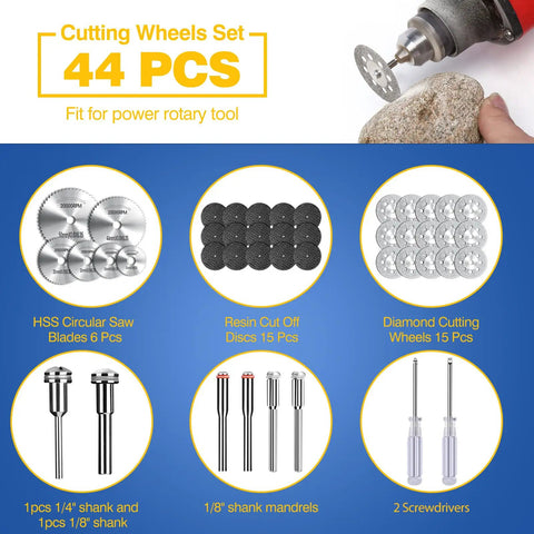 Cutting Wheel Kit For Dremel Rotary Tool, 44 Pc Set with blades, discs, mandrels, screwdrivers shown in sections
