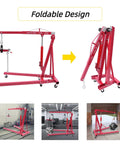 Heavy Duty Two Ton Foldable Engine Hoist With Adjustable Cherry Picker Crane Boom and Six Tight Turning Casters displayed in foldable design.