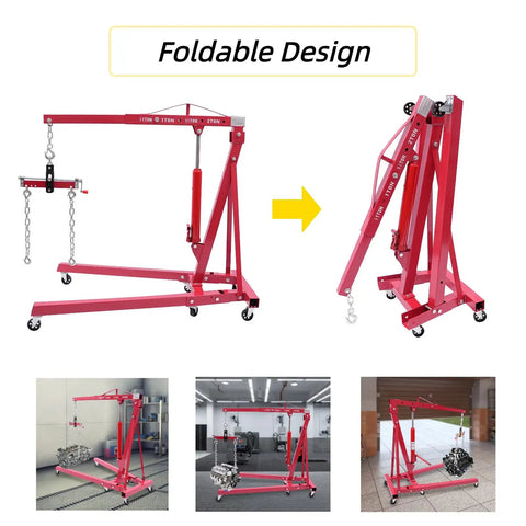 Heavy Duty Two Ton Foldable Engine Hoist With Adjustable Cherry Picker Crane Boom and Six Tight Turning Casters displayed in foldable design.