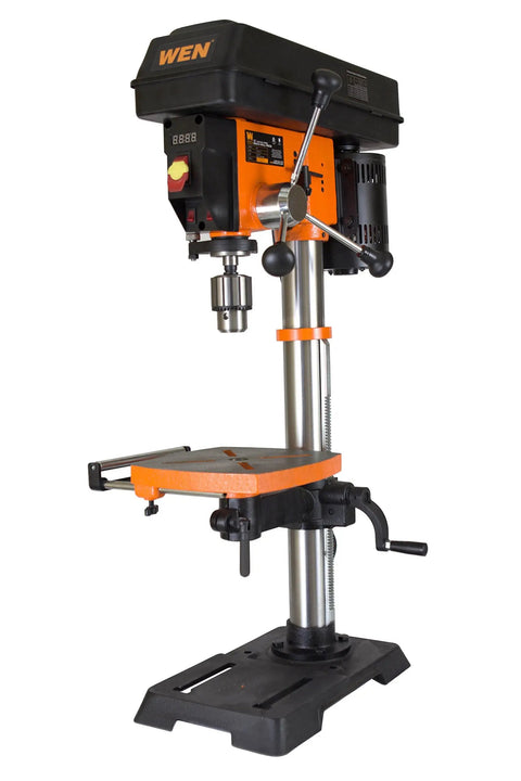 The Real Deal 12 Inch Benchtop Drill Press With Variable Speed 580 To 3200 RPM And Digital Readout on a sturdy cast iron base.