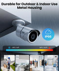 All In One Home Security System With 8 Outdoor AI Human And Vehicle Detection Cameras mounted on wall, IP66 logo visible