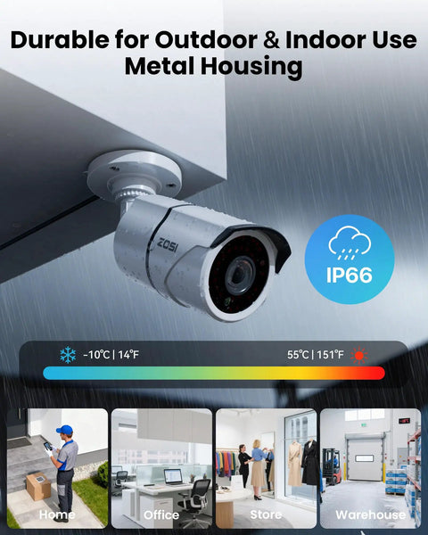 All In One Home Security System With 8 Outdoor AI Human And Vehicle Detection Cameras mounted on wall, IP66 logo visible