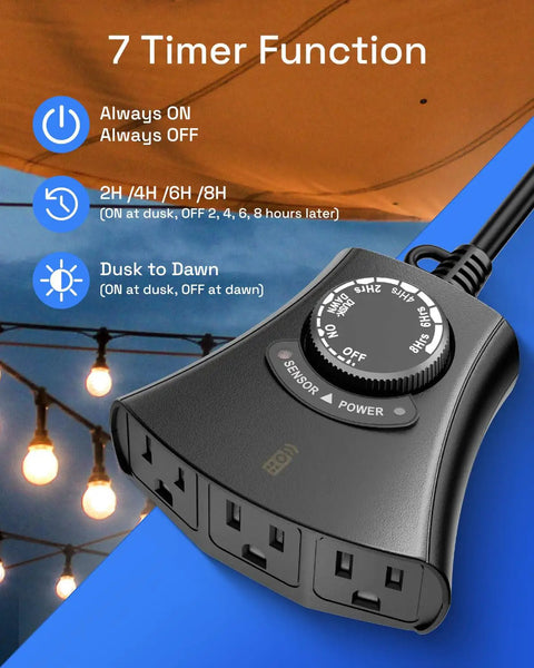 Weatherproof Remote Control Outlet With Dusk Till Dawn Photocell Timer And Three Grounded Plugs For Patio Lights, showing timer settings and plug design.