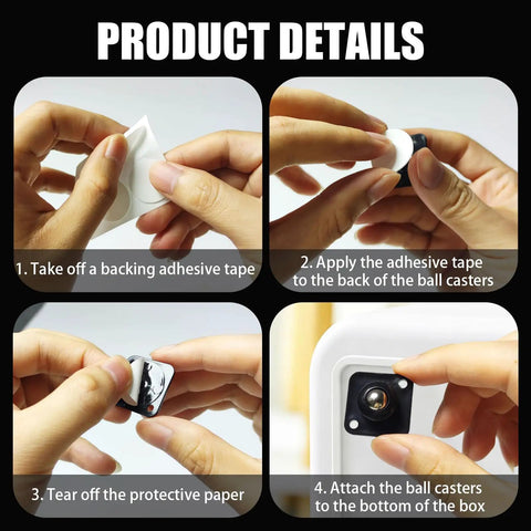 No Sweat Self Adhesive 360 Universal Swivel Mini Caster Wheels installation steps showing adhesive backing removal and application.