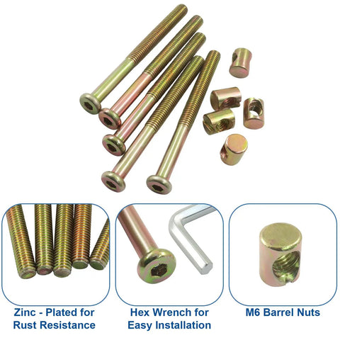 Badass M8 Barrel Bolt and Nuts Set 90mm Galvanized Carbon Steel Hardware for Furniture Assembly with M6 Barrel Nuts and Hex Wrench