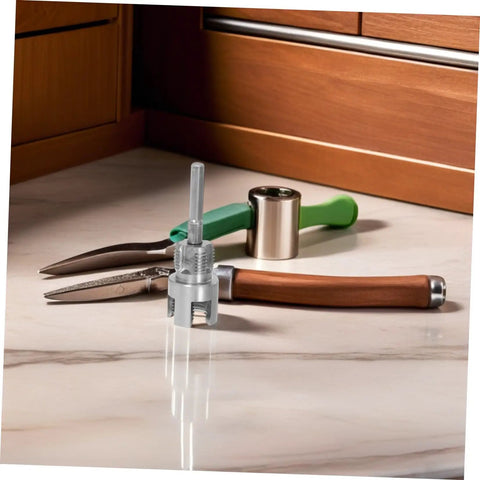Essential 2Pc Internal And External Pipe Threader Tool Kit For Pvc Plastic Pipes with a silver threader and pliers on countertop.