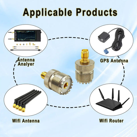 2 Pack SMA Female To PL259 SO239 Coax Adapter for CB Radio and Ham Antennas with applicable products shown