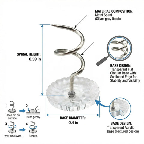 200 Piece Heavy Duty Transparent Plastic Spiral Bed Skirt Pins And Furniture Fabric Holders With Killer Grip showing a spiral metal hook and clear base.