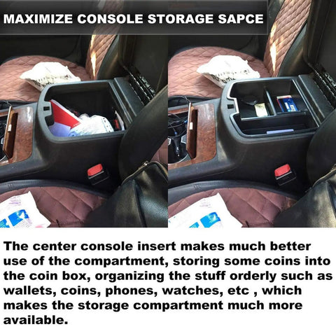 Center Front Floor Console For 2007 To 2014 Chevy Silverado Tahoe Suburban Avalanche Sierra Yukon 1500 2500 3500 Denali XL Full Size Pickup Trucks Replacement Part For Easy Install showing two-level storage use