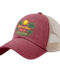 Wine Red Dope Adjustable Summer Trucker Cap For Women, modern statement hat with mesh back and "Just another day in paradise" print.