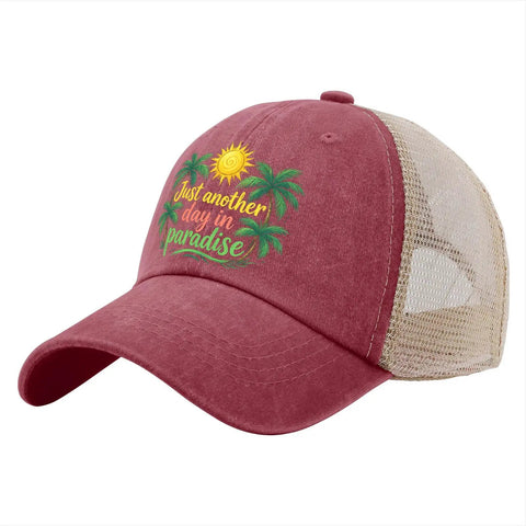 Wine Red Dope Adjustable Summer Trucker Cap For Women, modern statement hat with mesh back and "Just another day in paradise" print.
