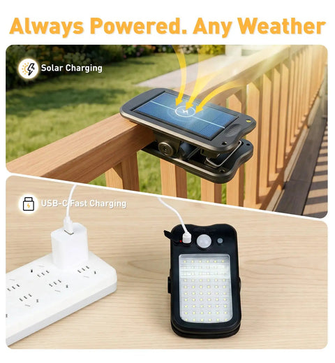 Clip On Solar Lights 4 Pack with 60 LED 500LM showing solar and USB-C charging on fence and wooden table