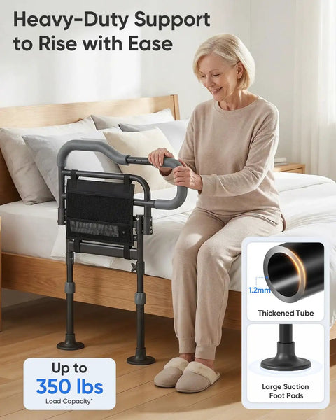 Foldable Bedside Rail For Seniors, non slip handle, adjustable, large suction feet, motion sensor night light, supports 350 lbs