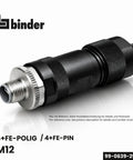 M12 L Coded 4 Plus FE Unshielded Power Cable Connector IP67 for 8 to 13mm Cables, Screw On M12 Thread, Industrial Grade, Field Ready Rugged Waterproof IP Rated, DIN EN IEC 61076-2-111 Compatible; angled view with metal thread